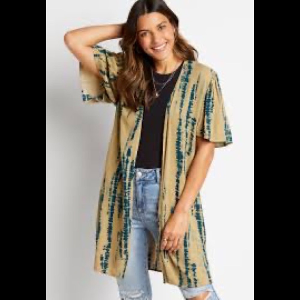 Maurices Olive Navy Tie Dye Rayon Kimono Flutter Sleeve XS S NEW